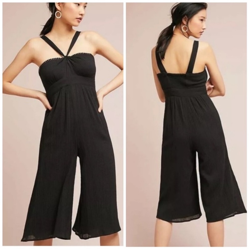 Anthropologie Maeve Darling Proust Gauze Wide Leg Cropped Jumpsuit Black Size 14